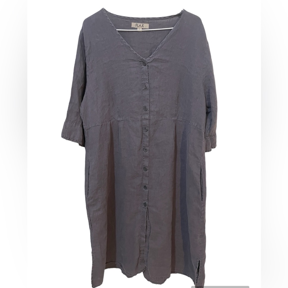 Flax linen blue grey long button up dress lagenlook style size large